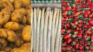 Kartoffeln, weißer Spargel und Erdbeerschalen
