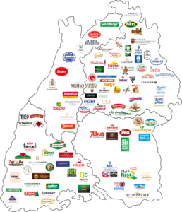 Baden-Württemberge-Landkarte in weiß und gelb. Auf der Karte sind die Logos der einzelnen FBW-Mitglieder abgebildet.