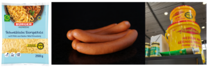 Eine Packung Spätzle der Marke Bürger, daneben ein paar Saiten-Würstchen und rechts davon Senf der Marke Schwabenstolz in verschiedenen Größen in einem Regal. Drei separate Bilder neben einander